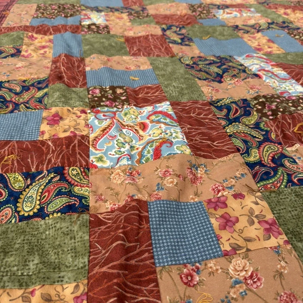Vintage Handmade Patchwork Quilt Earth Tones Country Cottagecore Cozy 56 x 80
